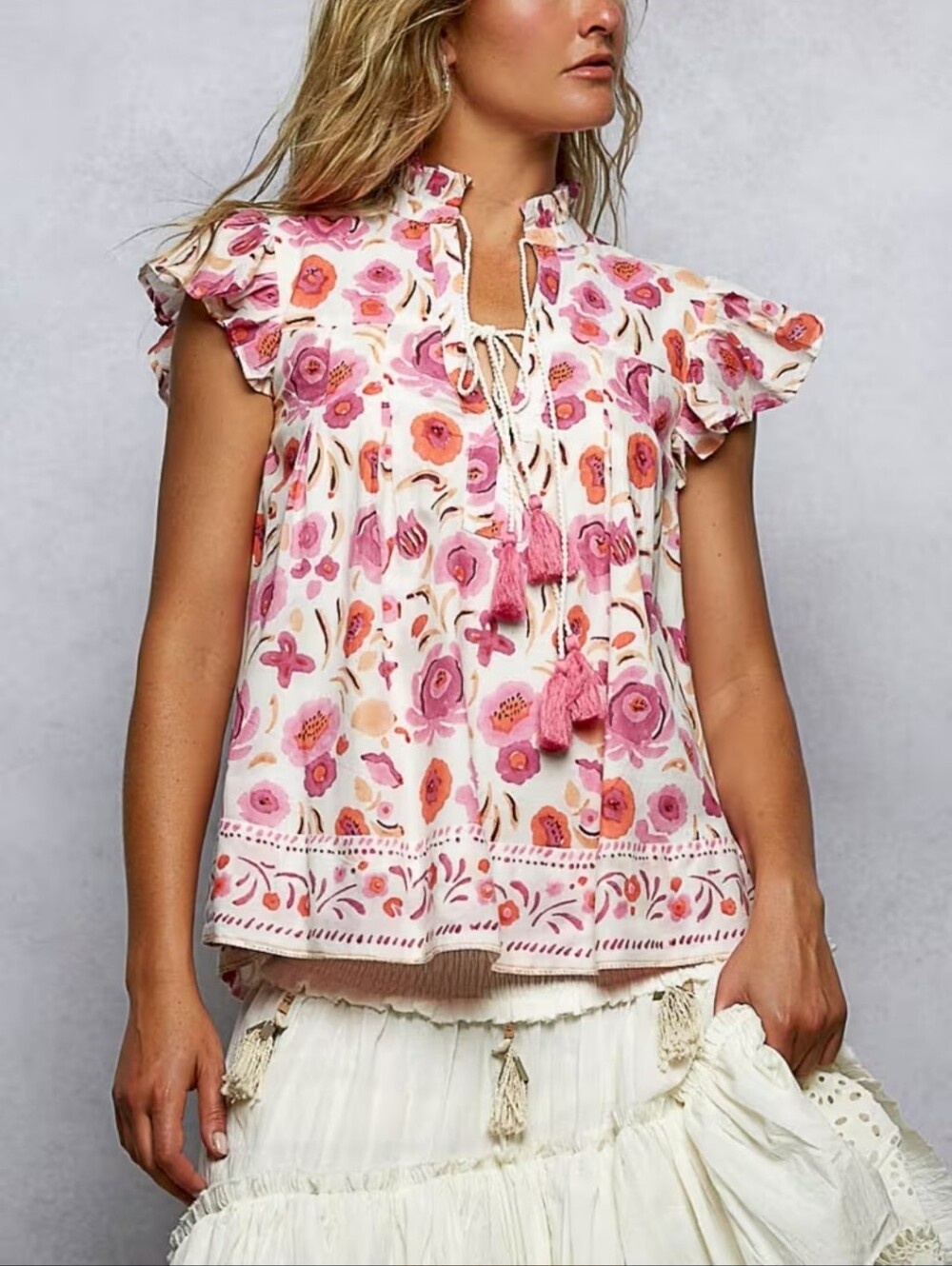 305. POL Floral Tie-Front Flutter Sleeve Top - Pink